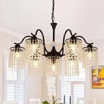 Ganeed 7 Lights Crystal Chandelier, Industrial Farmhouse Chandeliers,Metal Black Pendant Light Dining Room Light Fixture for Kitchen Island Living Room Hallway Bedroom