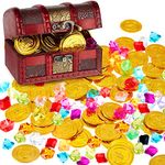 Hestya Pirate Treasure Chest Toy with 50 Plastic Gold Coins and 50 Fake Gems, Pirate Gems Toys Antique Treasure Box with Lock Fake Gemstones for Christmas Party Favors Easter Hunt Props Game (Classic)