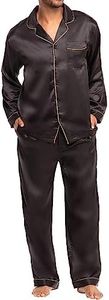 Alexander Del Rossa Mens Satin Pajamas Set, Satin Pajamas for Men, Satin PJ Set Men, Black With Gold Piping, Large