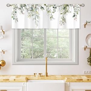 oolygoo Sage Green Eucalyptus Leavses Valances Kitchen Curtains Watercolor Floral Flower Plants Botanical Farmhouse for Women Ptetty Bedroom Living Room Treatment Tier Fabric 1 Panel 52Wx18H Inch