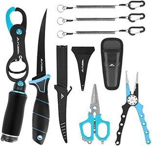 FLISSA 4PC Fishing Tool Kit, Fish Lip Gripper with Scale, Muti-Function Fishing Pliers, Braided Line Scissors, 6'' Fish Fillet Knife, Saltwater Resistant Fishing Gear with 3PCS Safety Coiled Lanyard