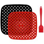 2 Pcs Silicone Air Fryer Liners, with 1 Silicone Oil Brush, Reusable Air Fryer Liners Silicone, Square Silicone Non-Stick Air Fryer Mats, Air Fryer Accessories for Most Air Fryers (8.5", Red + Black)