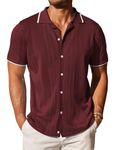 COOFANDY Men Vintage Short Sleeve Button Up Knitted Polo Shirts Summer Beach Shirt Wine Red