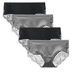 LIQQY Women's Seamless Knickers Cotton Lady Panties Midi Lace Underwear Full Coverage Brief Pack of 4 (Medium, Black/Heather Grey)