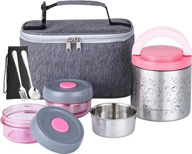 Lille Home Lunch Box Set 1065ml, Boîte à Bento/Snack Isotherme sous Vide pour Garder Les Aliments Au Chaud, avec 2 Récipients Alimentaires, Sac à Lunch, Ensemble de Couverts (Rose)