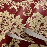 Q QIHANG 1.73' W x 32.8'L 3D Embossed Damask Wall Paper European Style Modern Minimalist Bedroom TV Background Wall Cafe Hotel Restaurant Non-Woven Non-Pasted Wallpaper (Red)