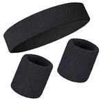 Sweatband Set Wristbands Headbands 3 Pieces Wrist Men Women Sweat Bands for Running Exercise Gym Sports Tennis Basketball Moisture Wicking(Wristbands 3.15 * 3.15 inch) (3PCS-Black)