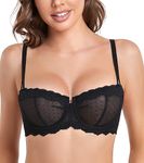 DotVol Women's Push Up Lace Balconette Bra Unlined Demi Sheer Plus Size Underwire Bra(Black,32B)