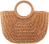 Frienda Straw Tote Bag Summer Beach Bag Handmade Straw Rattan Woven Handbag for Women Travel (Khaki, 12.6 x 7.87 x 8.66 Inch)