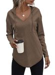 RIROW 2023 Womens Hoodie Pullover Long Sleeve Tops Women V Neck Waffle Knit Sweatshirt Plus Size Deep Kahki 3X