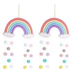 Xinzistar 2 Pack Rainbow Bedroom Wall Hanging Accessories, Macrame Rainbow Tapestry Clouds Cotton Pom Pom Garland Colorful Felt Ball for Girls Kids Baby Room Nursery Wall Decor