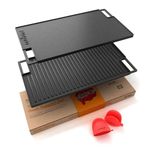 NutriChef Cast Iron Reversible Grill Plate - 18 Inch Flat Cast Iron Skillet Griddle Pan for Stove Top, Gas Range Grilling Pan w/ Silicone Oven Mitt for Electric Stovetop, Ceramic, Induction.