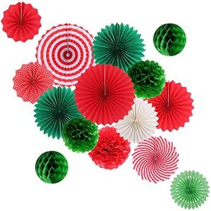 Hanging Party Decorations Set Tissue Paper Fan Paper Pom Poms Flowers and Honeycomb Ball for Christmas Wedding Engagement Graduation Party Decor Green Red Kit