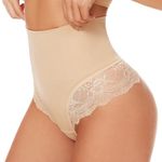 SURE YOU LIKE Women Mid Waisted Shapewear Thong Tummy Control Thong Knickers Seamless Slimming Abodmen Control Shaping Underwear Lace Thong, Beige, 8-10