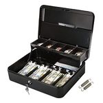 Large Cash Box Safe with Tiered Money Tray and Key Lock, 5 Storage Compartments and 4 Partitions with Spring Hinges to Organize Money - Heavy-Duty Metal Petty Cash, 11.8” x 9.5” x 3.5” (L x W x H)