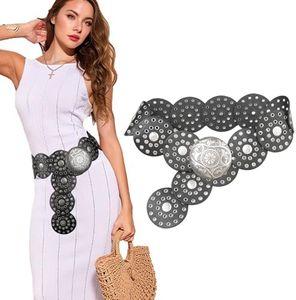 TOFBS Ceinture pour Femme Large à Disque en Métal Ronde Ceinture Vintage Western Style Cowboy Ajouré Ceinture Réglable Dégagement Rapide Élastique Ceinture(Argent)