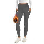 AMIYOYO Thermal Leggings Women with Pockets High Waist Fleece Lined Leggings Warm Winter Fur Yoga Pants Tummy Control Trousers Soft Stretchy Tights Workout Yoga Gym Running Gray