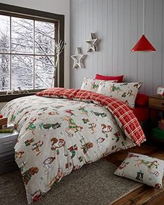 Happy Linen Company Christmas Dogs Taupe Natural Single Reversible Duvet Cover Bedding Set