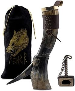 FENRIR Viking Drinking Horn with Stand | Thor Bottle Opener | Authentic Ox Horn Norse Medieval Stein for Ale, Mead, Whiskey | Loud Cup Tumbler Horn | Unique Gifts for Men | 16-oz Natural Polished