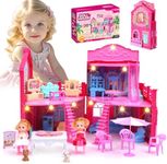 BRAITEN Doll House, with 4 Rooms, 2 Dolls, Toy Furniture Accessories, Pet Play Area，Slide Dollhouse Dlayset, Dollapsible Portable Playhouse with Lights for Little Girls