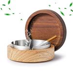 Ashtrays for Cigarettes, Outdoor and Indoor Ashtray Weed with Lid Smell Proof Wooden Ashtray With Stainless Steel Liner (Round)