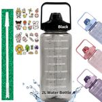 NuJusby 2L Transparent Water Bottle with Motivational Time Markers, BPA-Free Plastic, Leak-Proof Straw & Handle – Ideal for Office/School/Gym/Travel/Sport/Fitness & Outdoor Activities(1 Count) (Black)