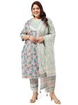 MIRCHI FASHION Women's Straight Fit Cotton Floral Printed and Embellished Plus Size Kurta Set (MPK9028-Cream, Blue-6XL)