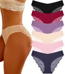 FINETOO 6 Pack Sexy Underwear for Women Silky Seamless No Show Panties Ladies Lace Bikini Lightweight Cheeky Hipster, Black&purple&pink&dark Blue&red&apricot, Medium