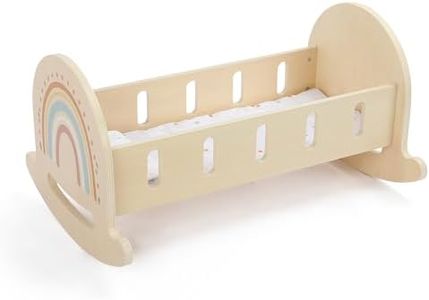 FReniland Wood Rocking Doll Crib for Dolls up to 18 Inches, Wooden Baby Doll Bed Dolls Cradle with Blanket & Pillow, Classic Pretend Play Toy for Kids Ages 3+