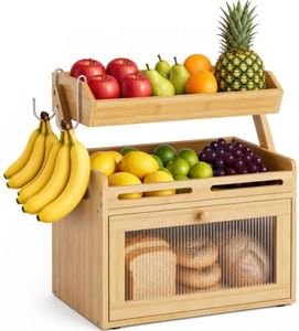 Coiesol Bread Box for Kitchen Countertop, Bamboo Bread Storage Container with Fruit Basket, Clear Door & Magnetic Closure, Raised-Rail Shelves & 2 Banana Hooks, Farmhouse Pantry Organizer