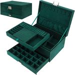 Arcanine New 3-layers Green Stud Jewelry Organizer Large Ring Necklace Makeup Holder Cases Velvet Jewelry Box with Lock for Women