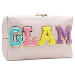 Elehui Glam Makeup Bag Preppy Letter Patch Cosmetic Pouch Small Make Up Travel Purse for Teen Girls Women, Cute Skincare Toiletry Traveling Stuff Storage Organizer Trendy Christmas Birthday Gifts