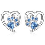 Silver Stud Earrings for Women, 925 Sterling Silver Cute Puppy Dog Cat Paw Print Stud Earrings | Lovely Blue Crystal CZ Endless Love Heart Earring Studs Jewellery Gift for Pet Lovers Little Girls Kids