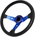 QYMOPAY Drifting Deep Dish Racing Steering Wheel, 6 Bolt Anti-Slip Leather and Aluminum Gaming Steering Wheel with Horn Button for Racing/Car Sim Driving/JDM Sports Racing Steering Wheel (Blue)