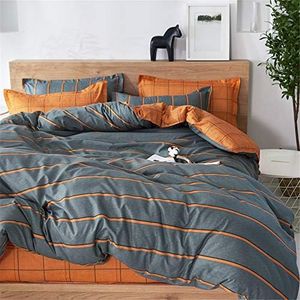 Treer 3-Piece Microfibre Bed Linen Set with 2 Pillowcases 50 x 75 cm, Modern Striped Checked Duvet Covers, Single Bed with Zip, Orange/Grey