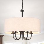 ETONIMERR Drum Chandelier for Dining Room Light Fixture 5 Light Modern Chandeliers with White Linen Drum Shade Chandelier for Living Room Bedroom Foyer Drum Pendant Light Fixture for Kitchen Island