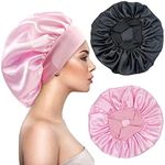 2PCS Large Satin Silk Hair Bonnet for Sleeping,Elastic Wide Band Bonnets for Black Women Braids,Silk Hair Wrap Night Sleep Caps for Women Curly and Natural Hair (Black,Pink)