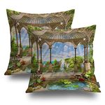 Shrahala Green Beautiful Landscape Decorative Pillow Covers, Palace Beauty Retro Pavilion Waterfall Nature Scenery Cushion Case for Sofa Bedroom Car Cushion Square 16 x 16 inches Set of 2