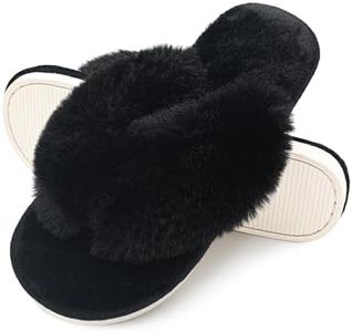 Onmygogo Rabbit hair Indoor Thong Slippers for Women Open Toe with Memory Foam, Soft Faux Fur Nonslip House Slippers(Raven,L)