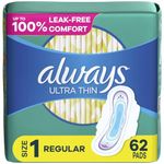 Always, Ultra Thin Pads For Women, Size 1, Regular Absorbency With Wings, 62 Count