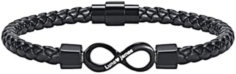 Fortheday Personalized Christmas Gifts Infinity Bracelet for Men with Names Black Leather Engraved Men's Bracelet Gifts for Dad Grandpa Husband (Infinity bracelet-21cm)