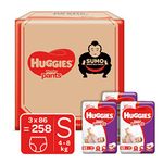 Huggies Wonder Pants Diapers Sumo Pack, Small (S) size baby diaper pants, with Bubble Bed Technology for comfort, (2.0 kg - 8.0 kg) (258 count)