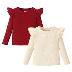 OPAWO Toddler Girl Shirts Ruffled Long/Short Sleeve Baby Tee Tops, Ribbed Toddler Girl Blouse, Baby Girl Clothes 2-Pack 12M-5T(Burgundy Apricot, 18-24 Months)