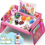 Upgraded Kids Travel Tray with Dry Erase Top Car Seat Travel Tray Bonus Educational Drawing Car Seat Activity Tray with 16 Organizer Pockets Snack Lap Tray Pink for Car Stroller Plane