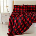 NY Loft Ultra Soft Micro Fleece Sheets Set | King Size | Plush Polar Fleece Sheets | Cozy Velvet Winter Bedding | King - Plaid Red & Black