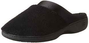 Isotoner Women's Microterry Pillowstep Satin Cuff Clog Slippers, Black, Large / 8.5-9 B(M) US