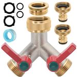 iBamso 2 Way Garden Hose Splitter with Two Quick Hose Connector, 3/4 inch Tap Y Splitter with On/Off Valves and Extended Handle, Solid Brass Nickel Plated 2-Way Tap Connector for Home Garden Outdoor