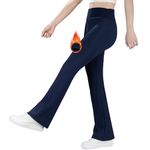 BIG ELEPHANT Girls Fleece Lined Flare Leggings, High Waisted Athletic Bell Bottom Pants for Kids Navy Blue