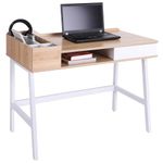 HOMCOM Computer Desk, Writing Desk, Study Workstation with Drawer, Storage Compartments, Cable Management, Laptop Table, Metal Frame, 100 x 55 x 81.5cm, Oak and White