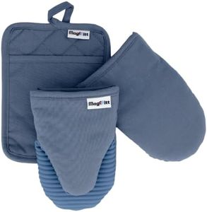 MagMitt Magnetic Oven Mitts and Pot Holder Set, 3 Piece Silicone Oven Mitts Heat Resistant to 500F, Hot Pad with Magnetic Storage, Premium Cotton, Non-Slip Kitchen Mitts & Oven Gloves, (Blue Steel)